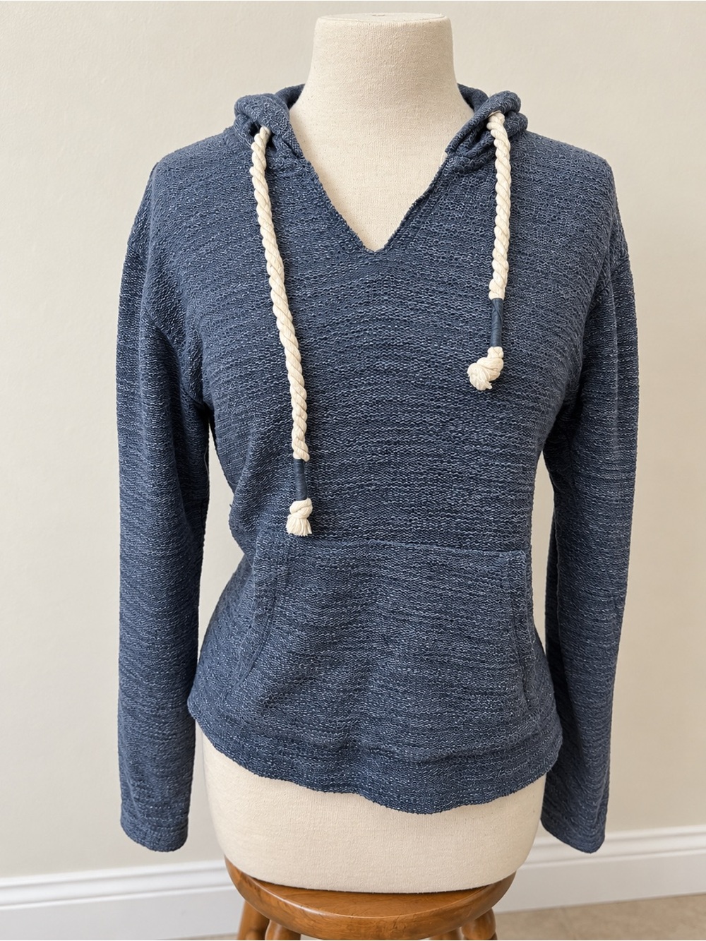 Vintage Navy Hooded Pullover with Cream Braided Drawcords